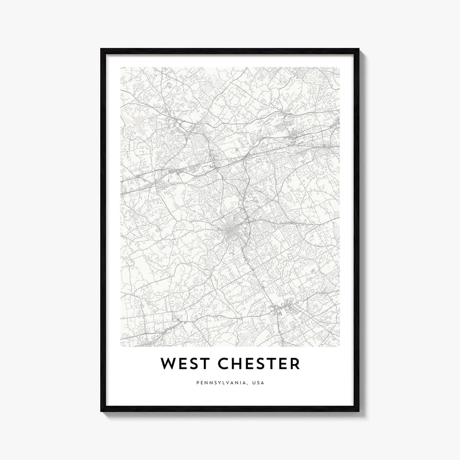 West Chester black & white map poster of Pennsylvania, USA – vertical wall art, unframed print shown in interior mockup