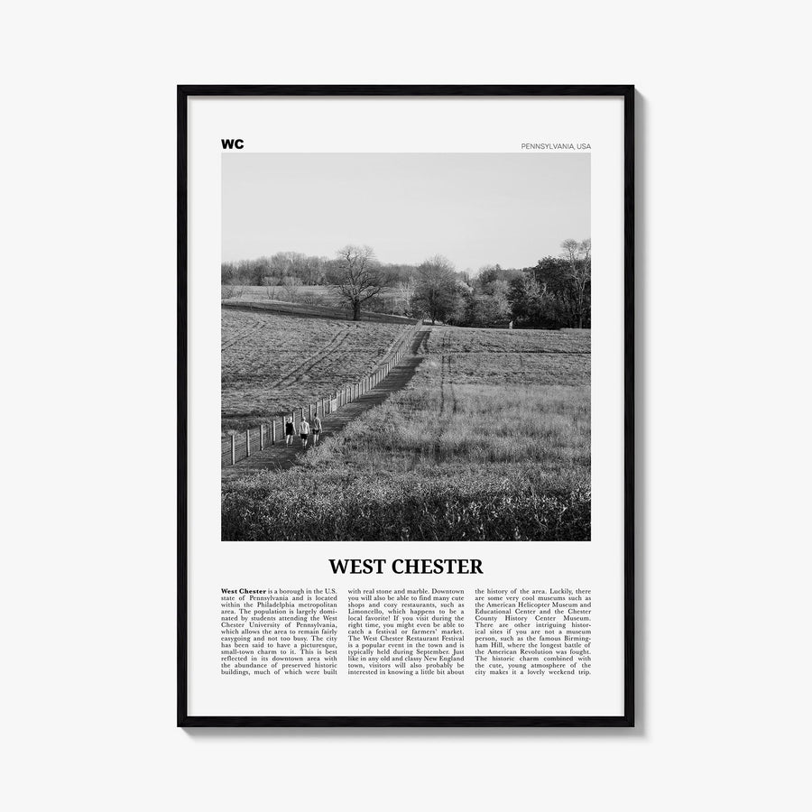 West Chester black & white newspaper poster of Pennsylvania, USA – vertical wall art, unframed print shown in interior mockup
