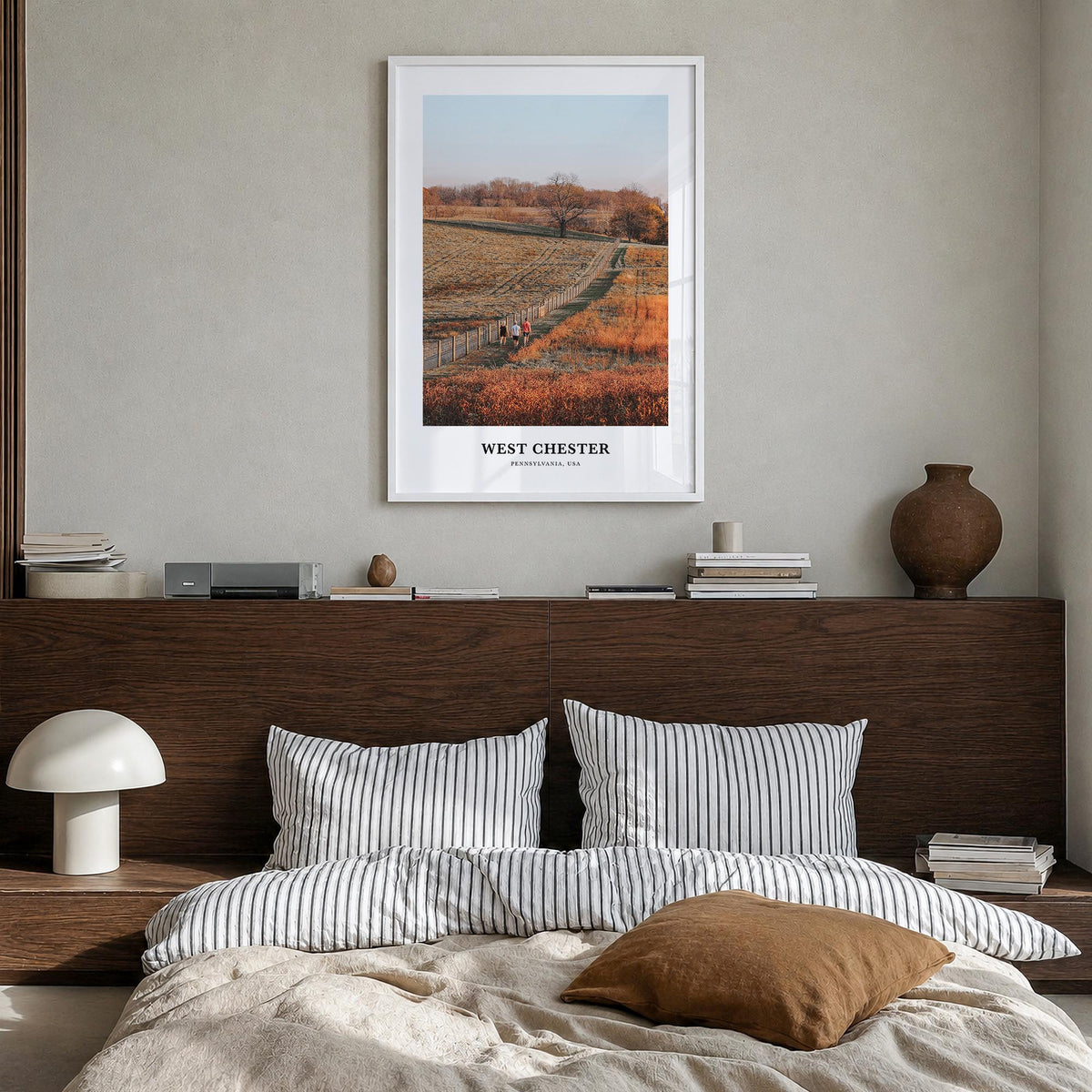 West Chester colorful classic poster of Pennsylvania, USA – vertical wall art in white wood frame, hanging on wall