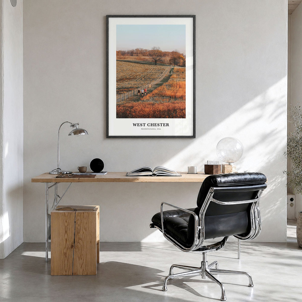 West Chester, Pennsylvania Classic Poster in a black wood frame, hanging in a bright home office