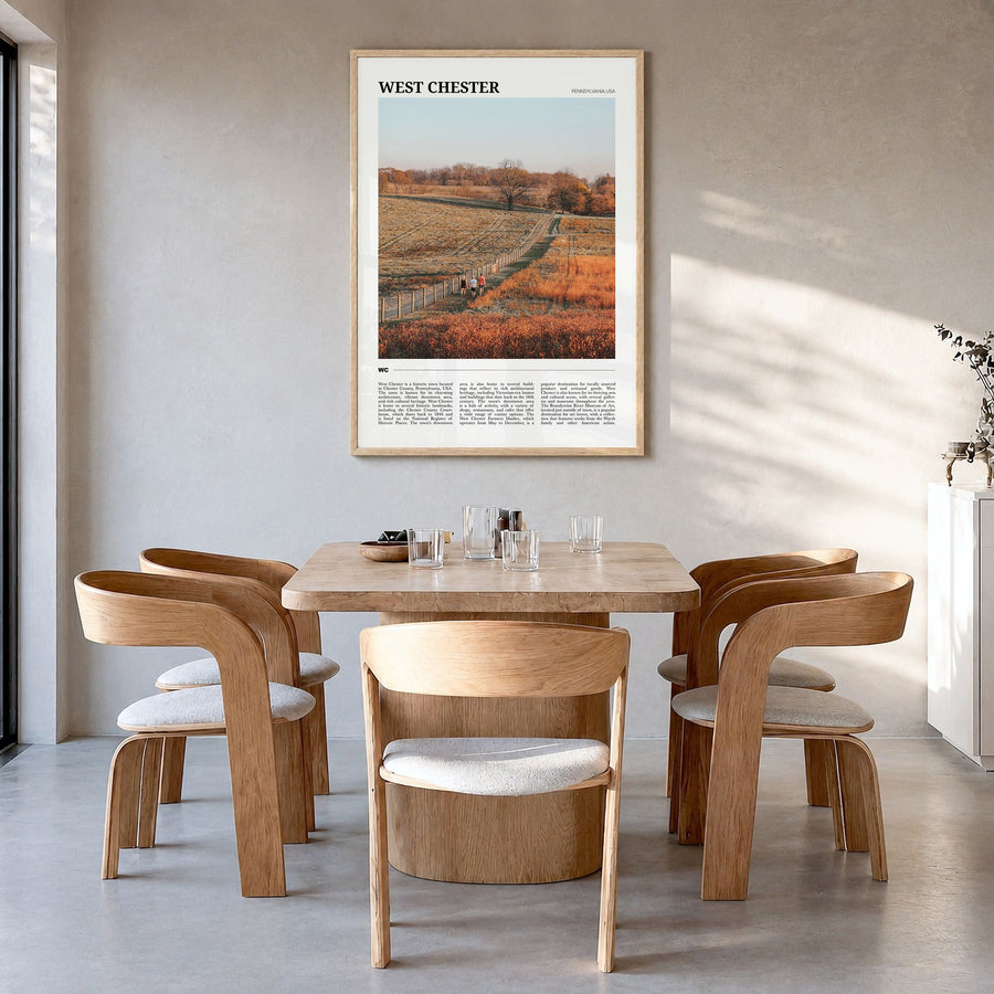 West Chester, Pennsylvania Travel Poster in a natural wood frame, hanging in a dining room