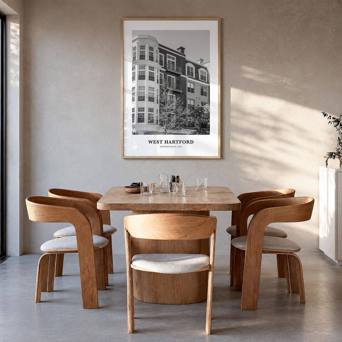 West Hartford black & white classic poster of Connecticut, USA – vertical wall art in natural wood frame, hanging on wall