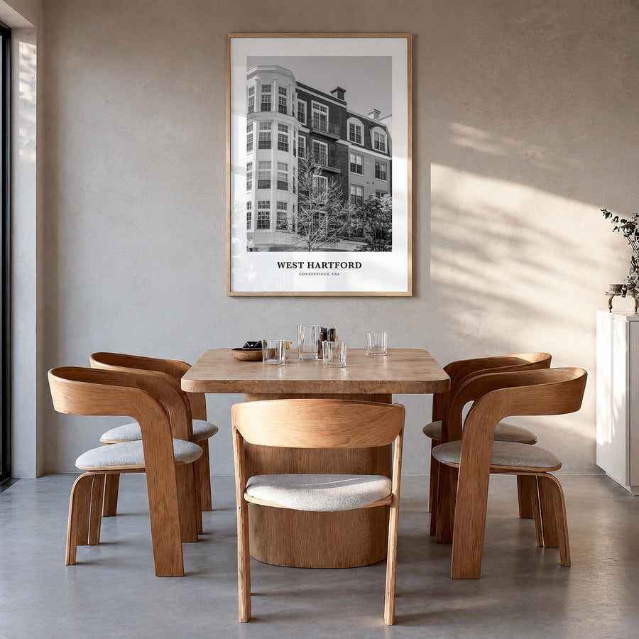 West Hartford black & white classic poster of Connecticut, USA – vertical wall art in natural wood frame, hanging on wall
