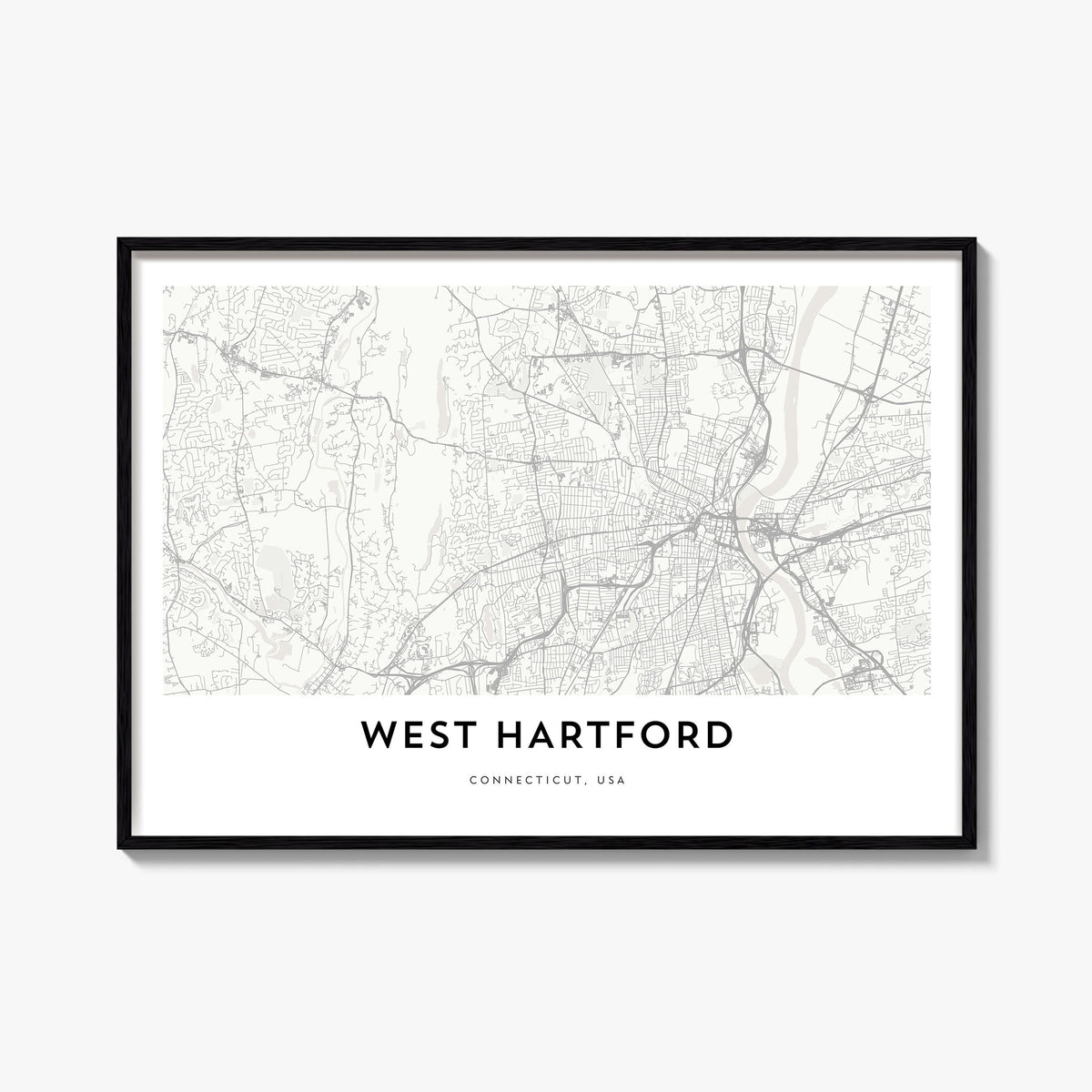 West Hartford black & white map poster of Connecticut, USA – horizontal wall art, unframed print shown in interior mockup