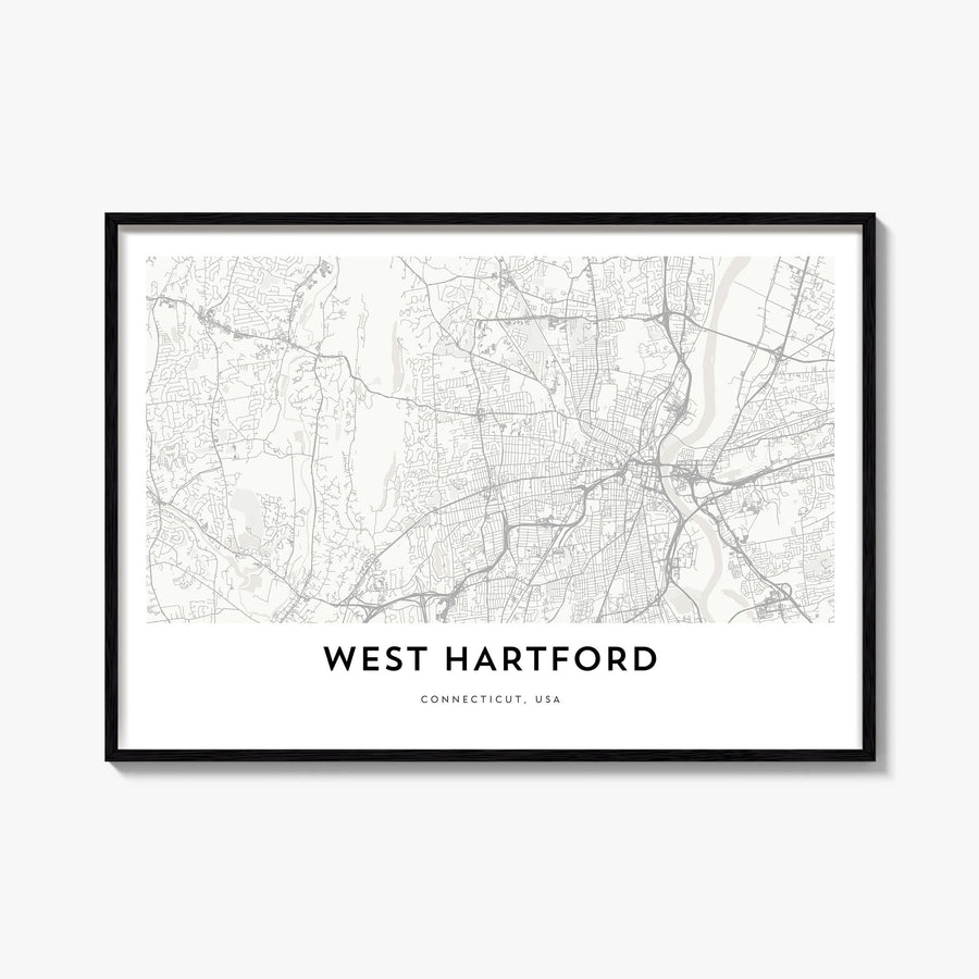 West Hartford black & white map poster of Connecticut, USA – horizontal wall art, unframed print shown in interior mockup
