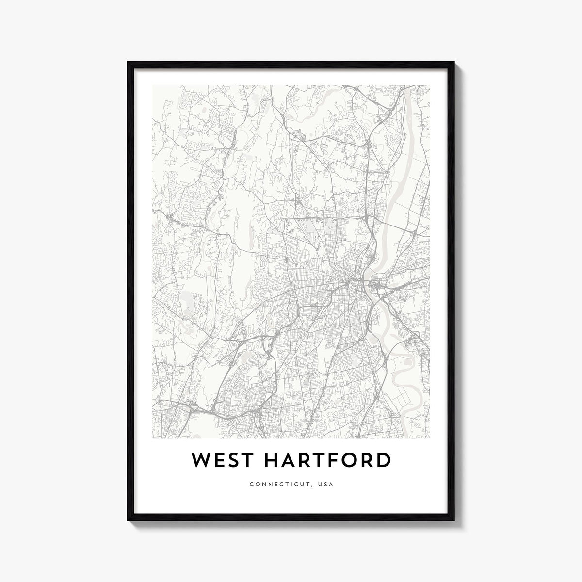 West Hartford black & white map poster of Connecticut, USA – vertical wall art, unframed print shown in interior mockup