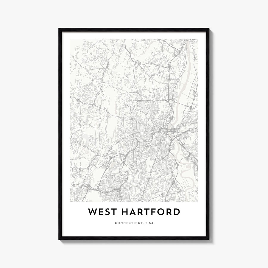 West Hartford black & white map poster of Connecticut, USA – vertical wall art, unframed print shown in interior mockup