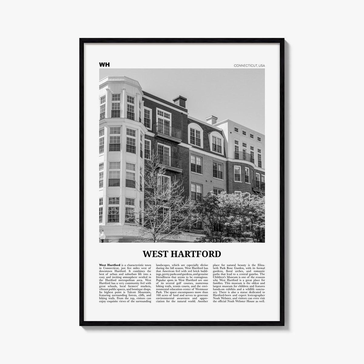 West Hartford black & white newspaper poster of Connecticut, USA – vertical wall art, unframed print shown in interior mockup