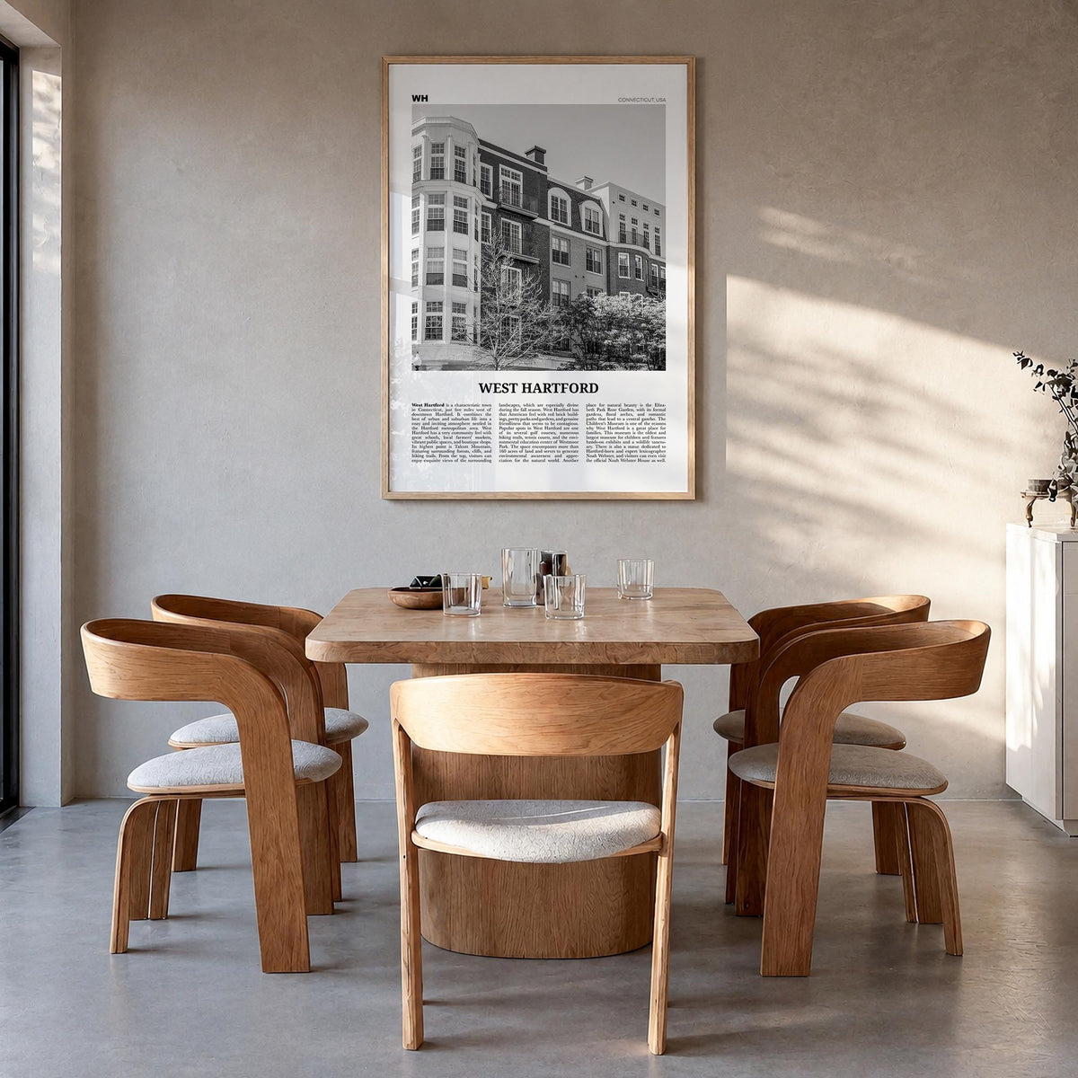 West Hartford black & white newspaper poster of Connecticut, USA – vertical wall art in natural wood frame, hanging on wall