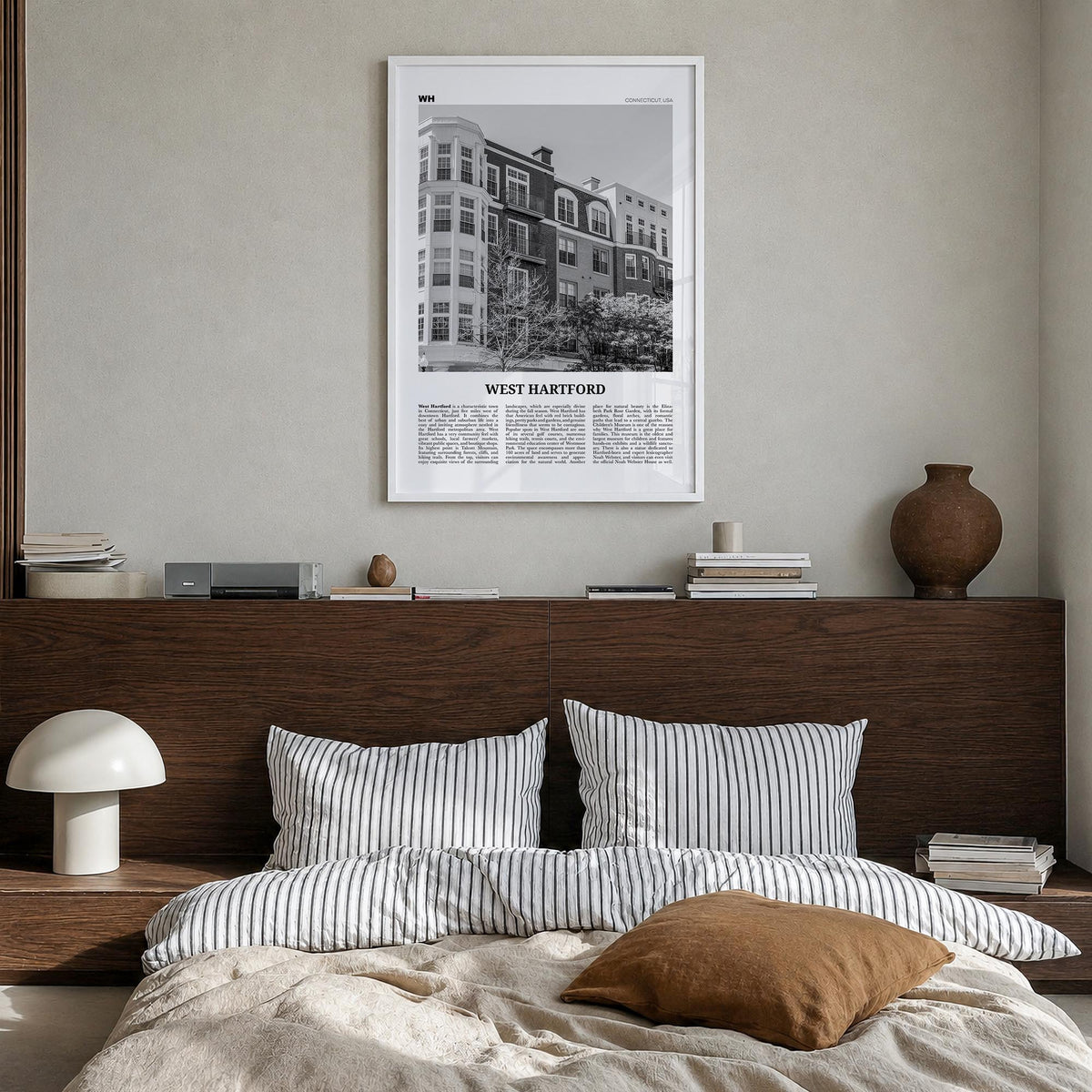 West Hartford black & white newspaper poster of Connecticut, USA – vertical wall art in white wood frame, hanging on wall