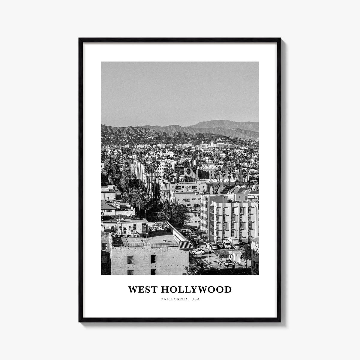 West Hollywood black & white classic poster of California, USA – vertical wall art, unframed print shown in interior mockup