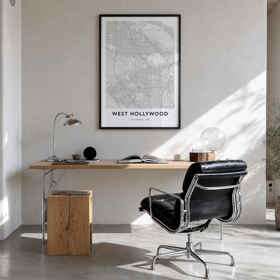 West Hollywood black & white map poster of California, USA – vertical wall art in black wood frame, hanging on wall