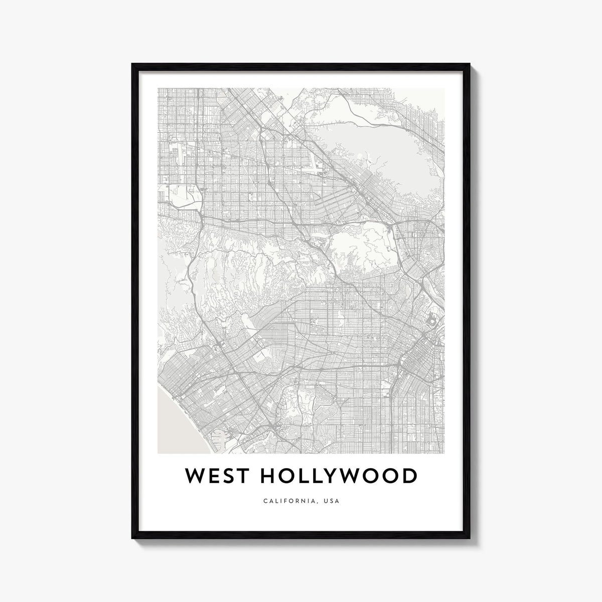 West Hollywood black & white map poster of California, USA – vertical wall art, unframed print shown in interior mockup