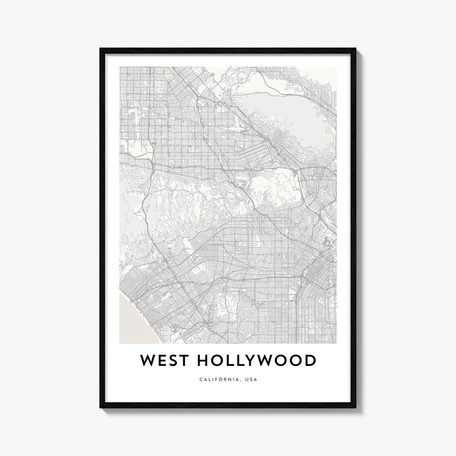 West Hollywood black & white map poster of California, USA – vertical wall art, unframed print shown in interior mockup