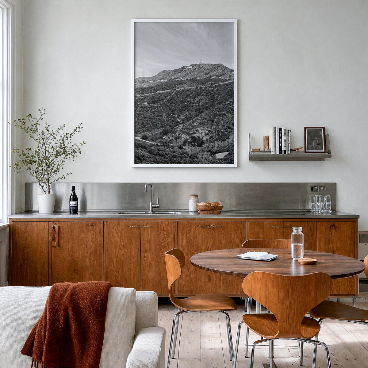 West Hollywood black & white photo poster of California, USA – vertical wall art in white wood frame, hanging on wall