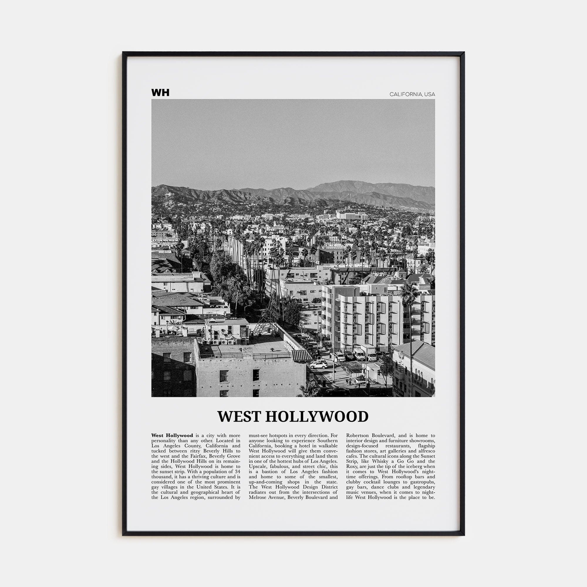 West Hollywood Poster Black Metal / 8x12 in Nbourhood Travel B&W Poster