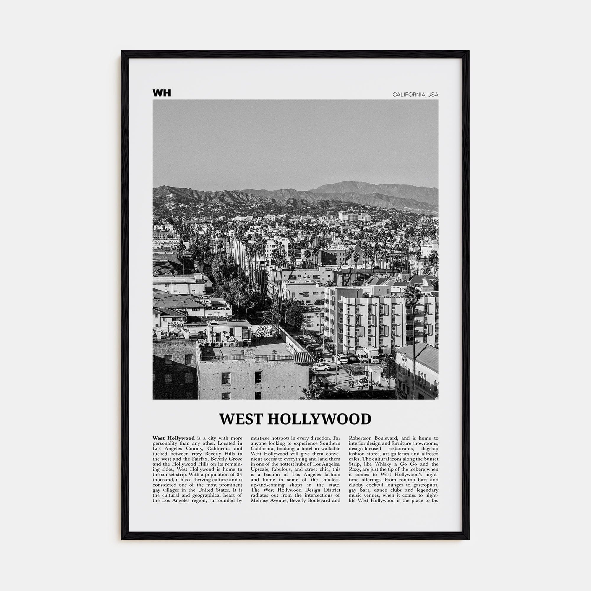 West Hollywood Poster Black Wood / 8x12 in Nbourhood Travel B&W Poster