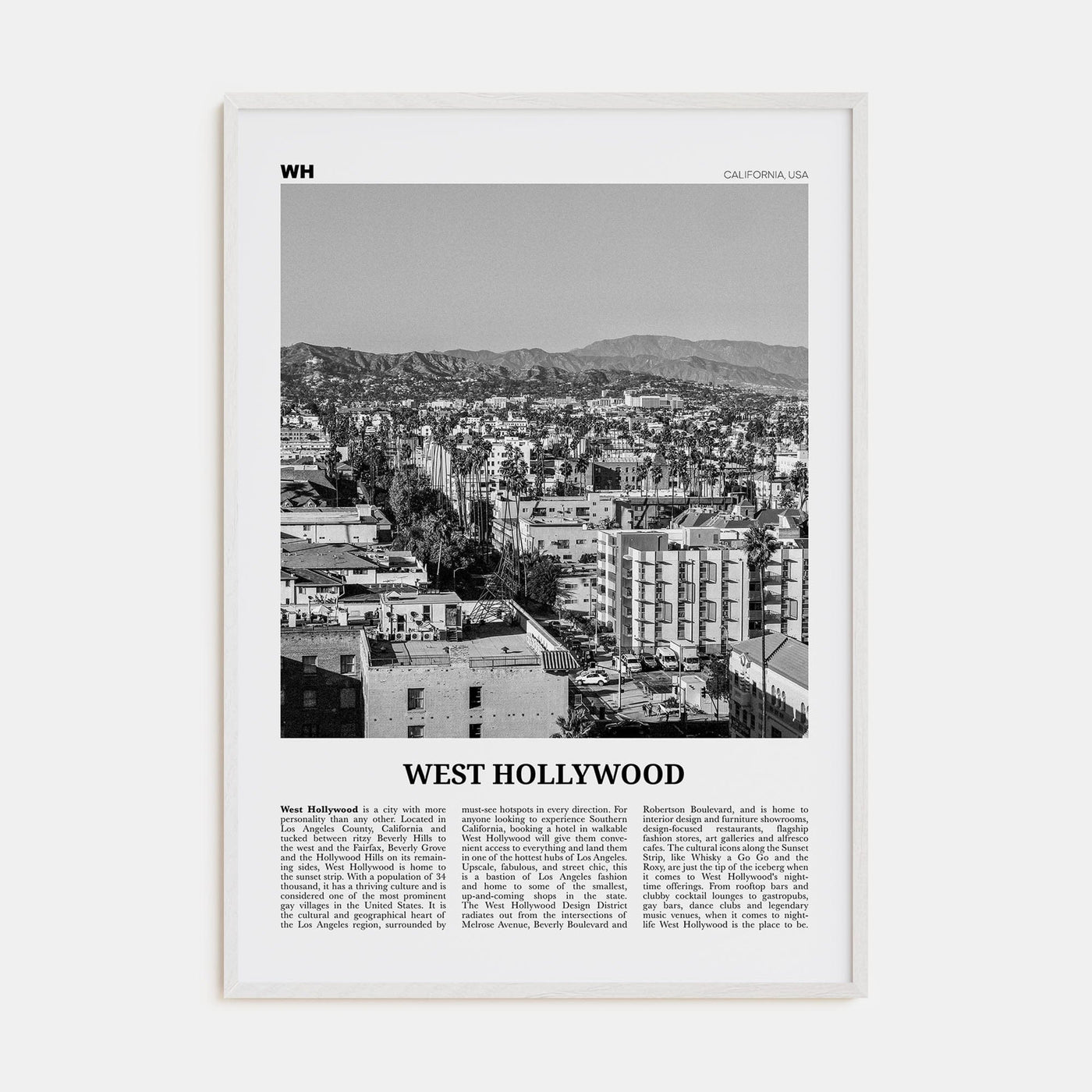 West Hollywood Poster White Wood / 8x12 in Nbourhood Travel B&W Poster