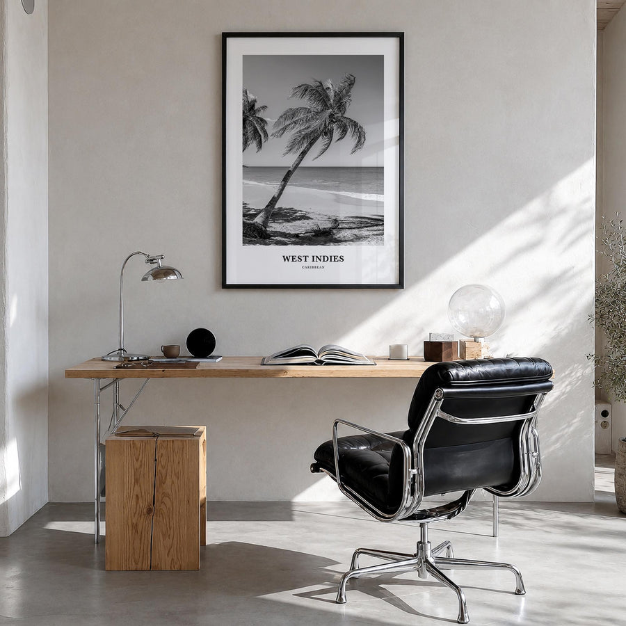 West Indies black & white classic poster of Caribbean – vertical wall art in black wood frame, hanging on wall