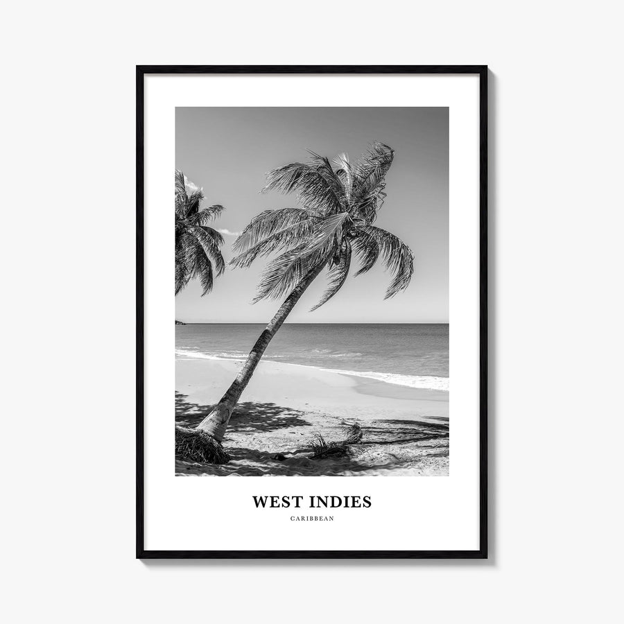 West Indies black & white classic poster of Caribbean – vertical wall art, unframed print shown in interior mockup