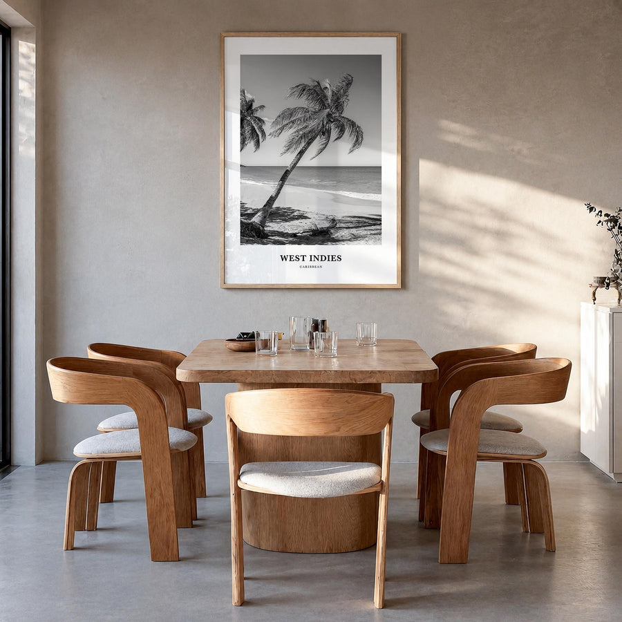 West Indies black & white classic poster of Caribbean – vertical wall art in natural wood frame, hanging on wall