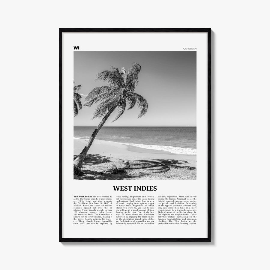 West Indies black & white newspaper poster of Caribbean – vertical wall art, unframed print shown in interior mockup