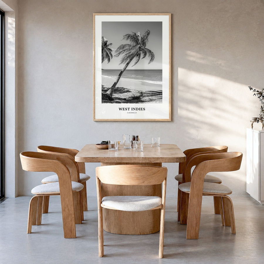 West Indies Classic Poster in a natural wood frame, hanging in a dining room