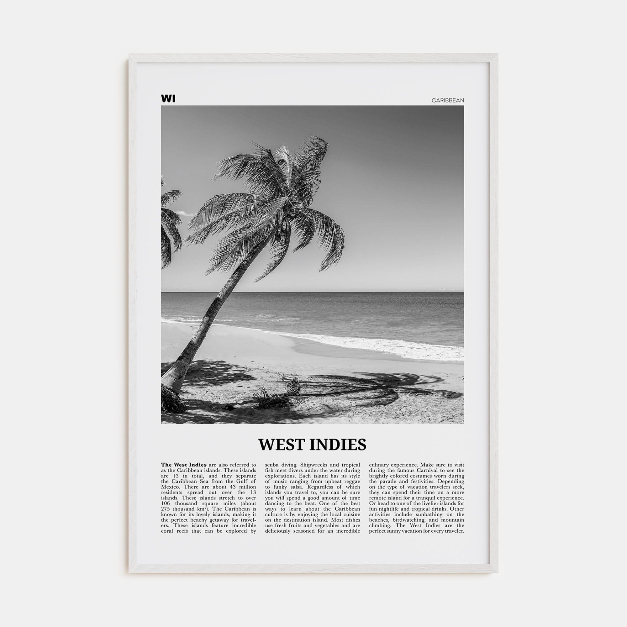 West Indies Poster White Wood / 8x12 in Nbourhood Travel B&W Poster
