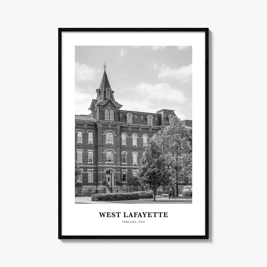 West Lafayette black & white classic poster of Indiana, USA – vertical wall art, unframed print shown in interior mockup