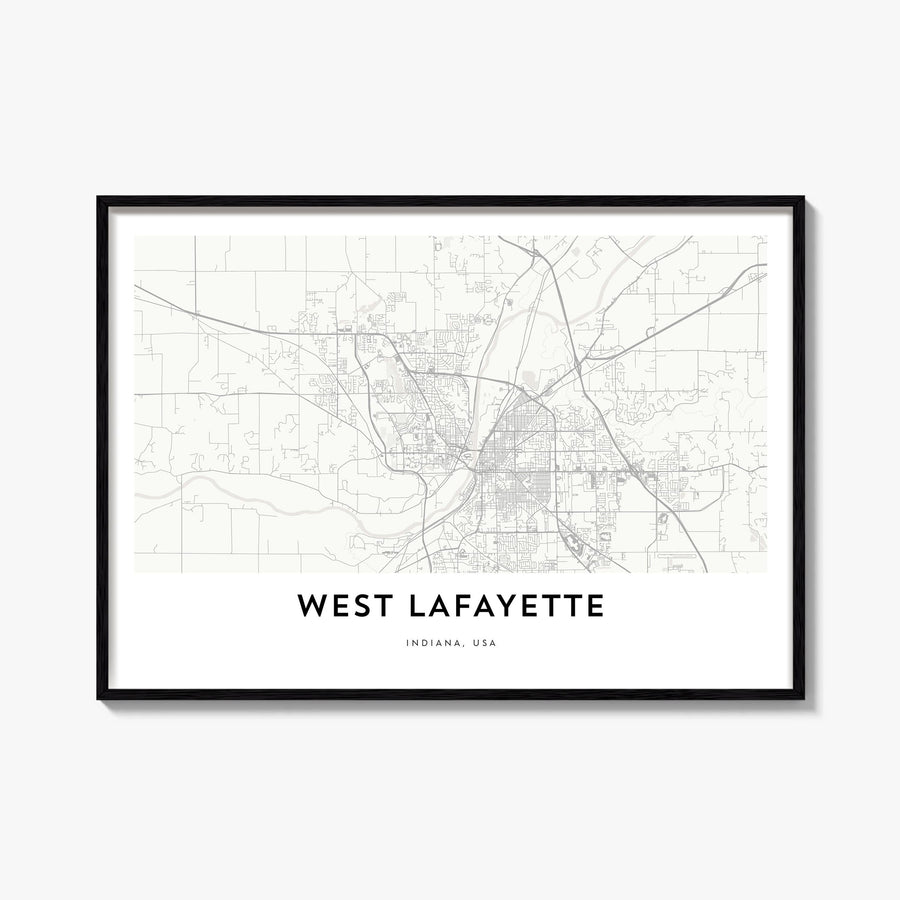 West Lafayette black & white map poster of Indiana, USA – horizontal wall art, unframed print shown in interior mockup