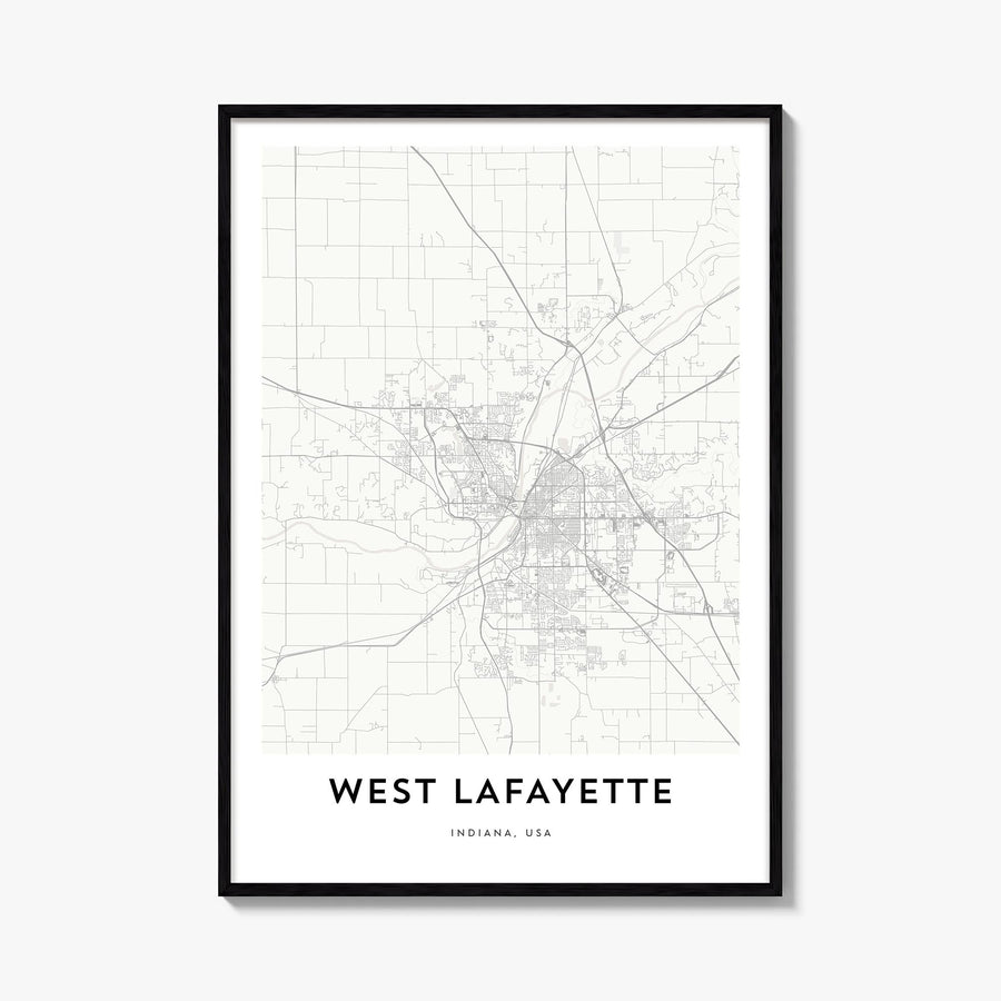 West Lafayette black & white map poster of Indiana, USA – vertical wall art, unframed print shown in interior mockup