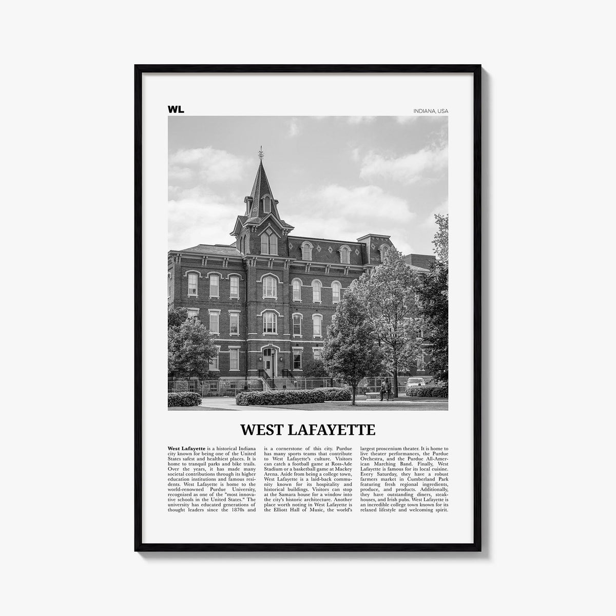 West Lafayette black & white newspaper poster of Indiana, USA – vertical wall art, unframed print shown in interior mockup