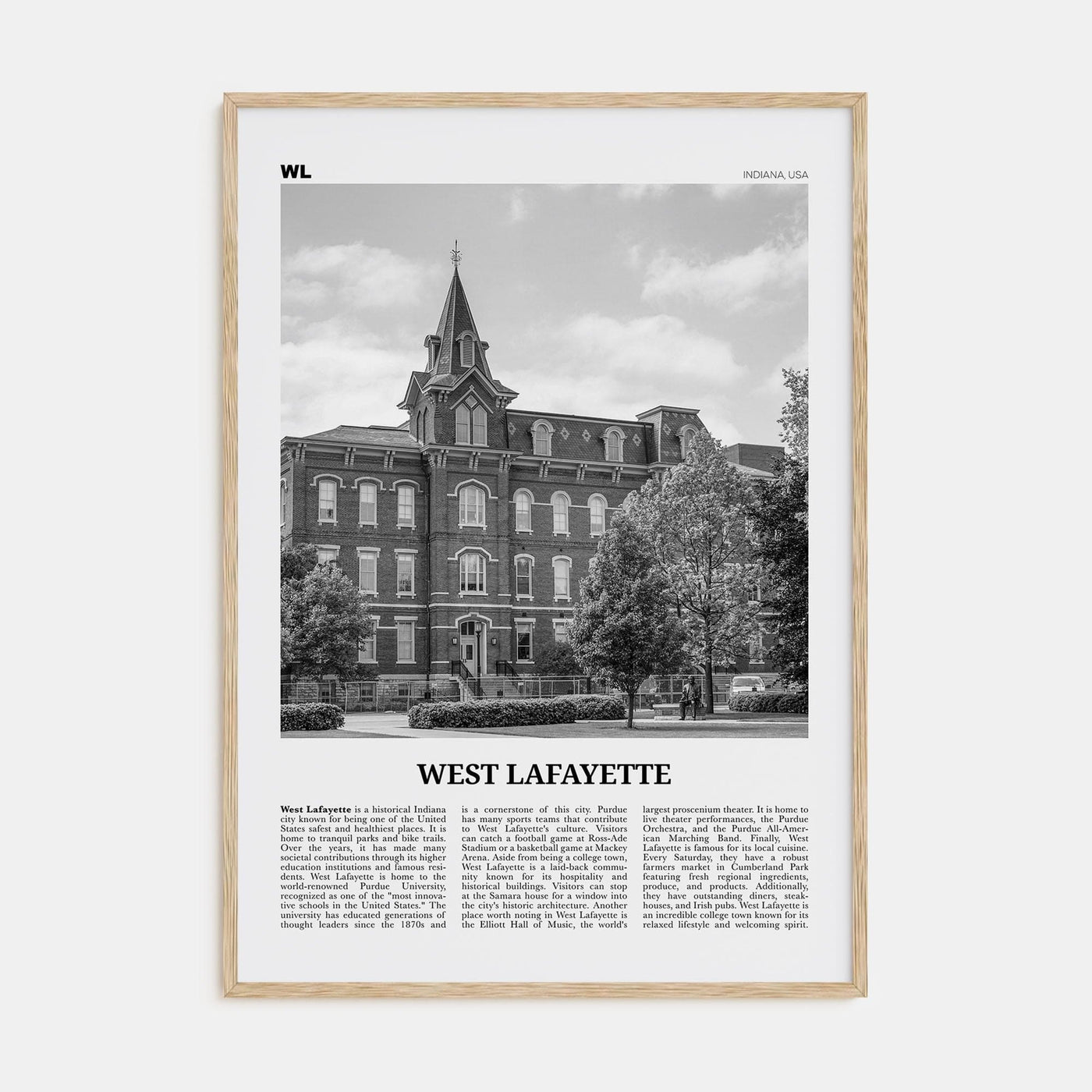 West Lafayette Poster Natural Wood / 8x12 in Nbourhood Travel B&W Poster