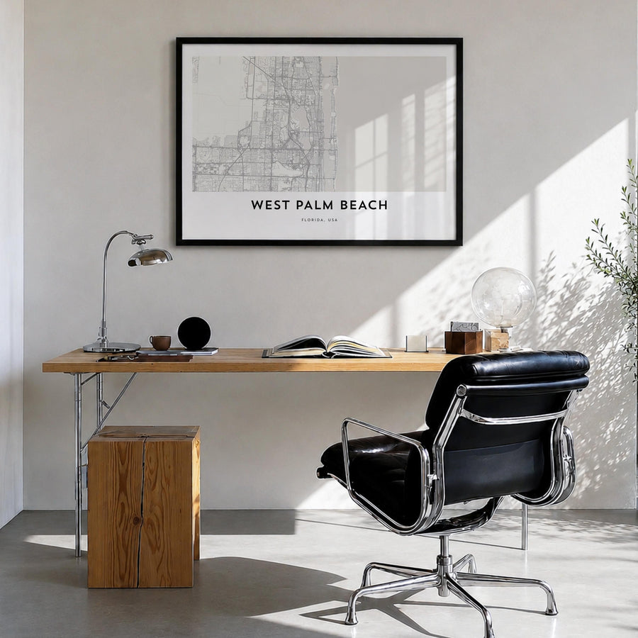 West Palm Beach black & white map poster of Florida, USA – horizontal wall art in black wood frame, hanging on wall