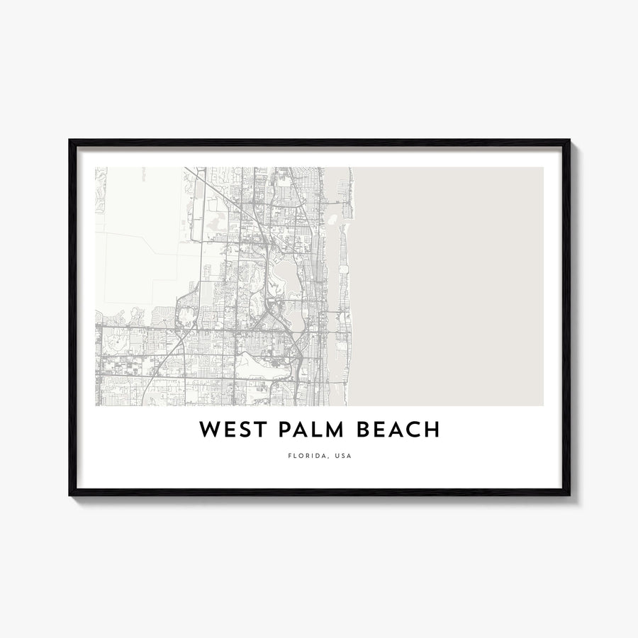 West Palm Beach black & white map poster of Florida, USA – horizontal wall art, unframed print shown in interior mockup