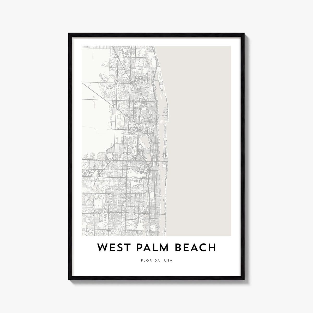 West Palm Beach black & white map poster of Florida, USA – vertical wall art, unframed print shown in interior mockup
