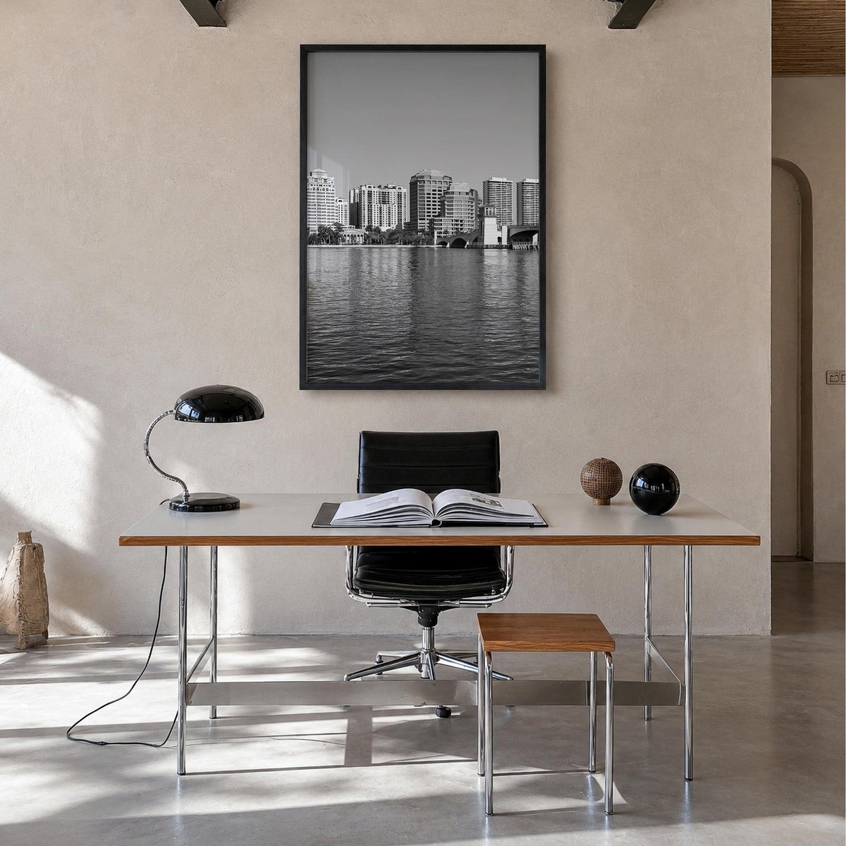West Palm Beach black & white photo poster of Florida, USA – vertical wall art in black wood frame, hanging on wall