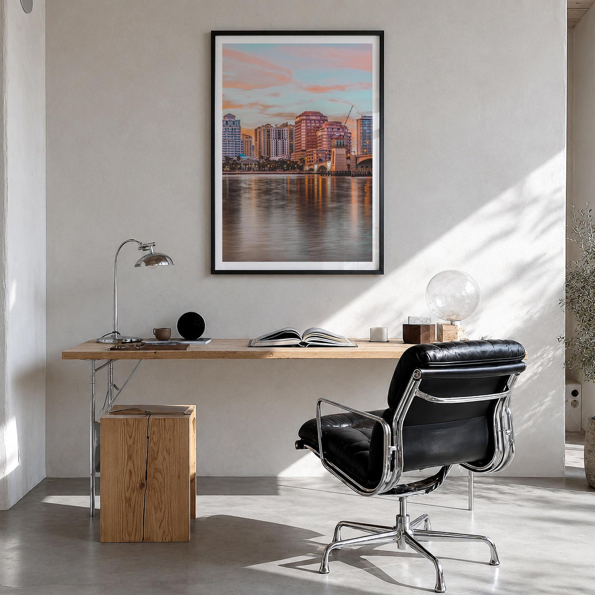 West Palm Beach colorful photo poster of Florida, USA – vertical wall art in black wood frame with white border, hanging on w