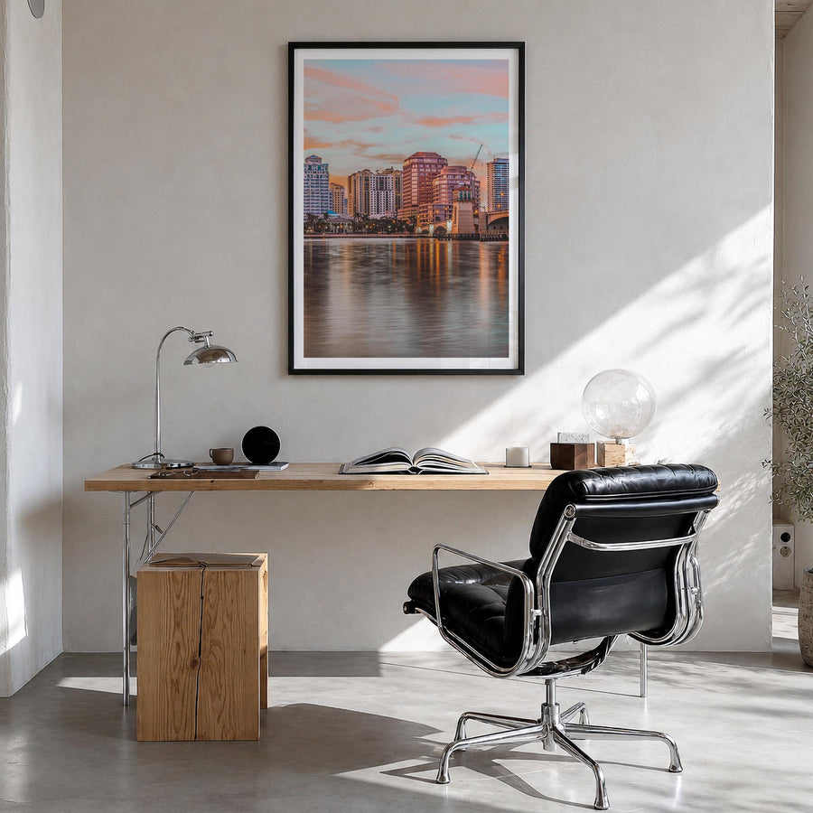 West Palm Beach colorful photo poster of Florida, USA – vertical wall art in black wood frame with white border, hanging on w