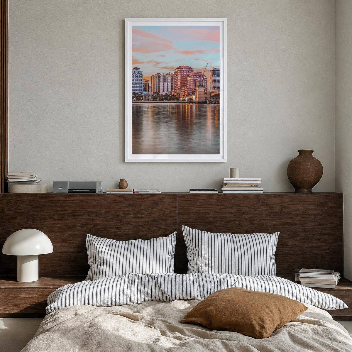 West Palm Beach colorful photo poster of Florida, USA – vertical wall art in white wood frame with white border, hanging on w