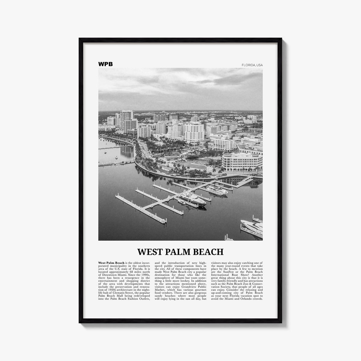 West Palm Beach no. 1 black & white newspaper poster of Florida, USA – vertical wall art, unframed print shown in interior mo