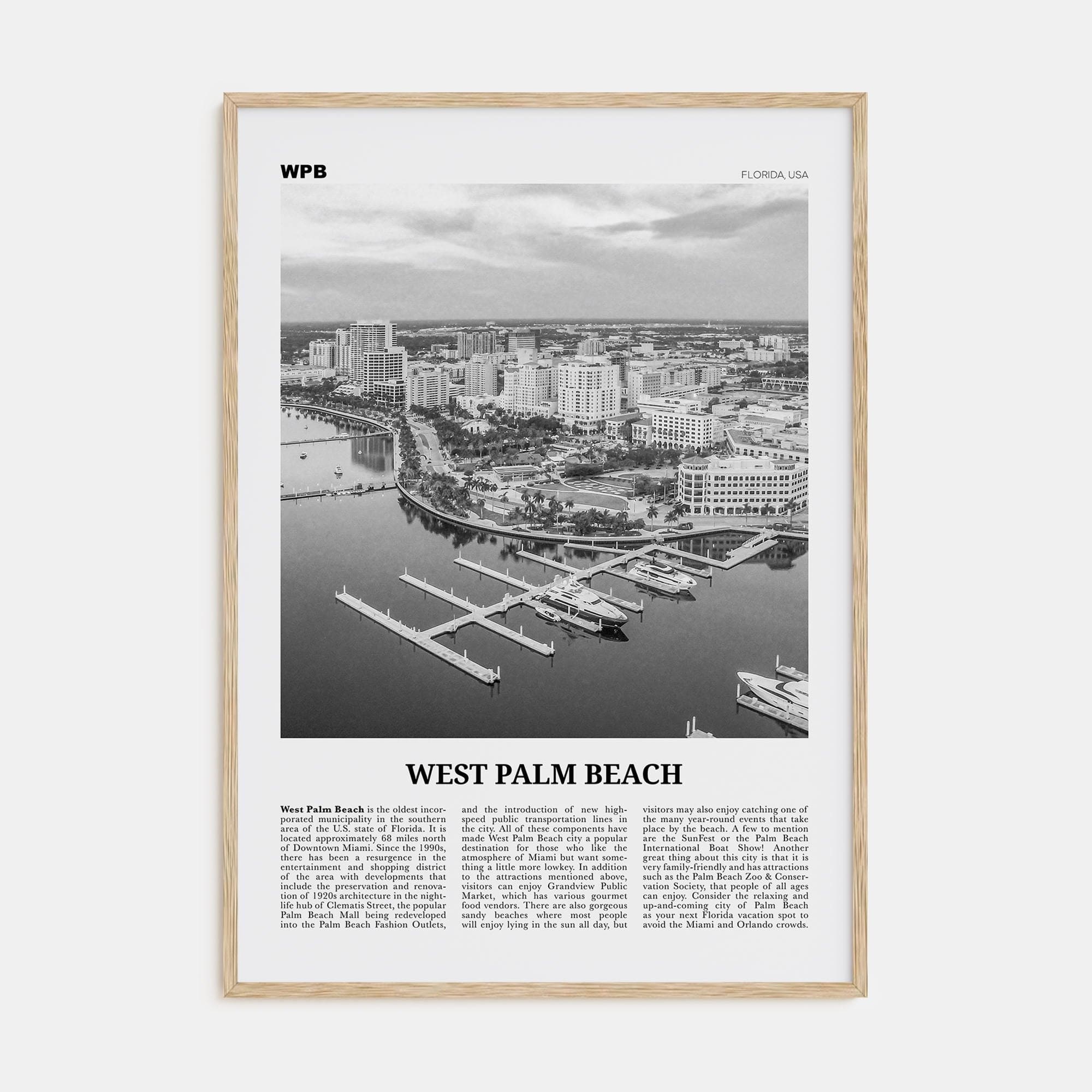 West Palm Beach No 1 Poster Natural Wood / 8x12 in Nbourhood Travel B&W Poster