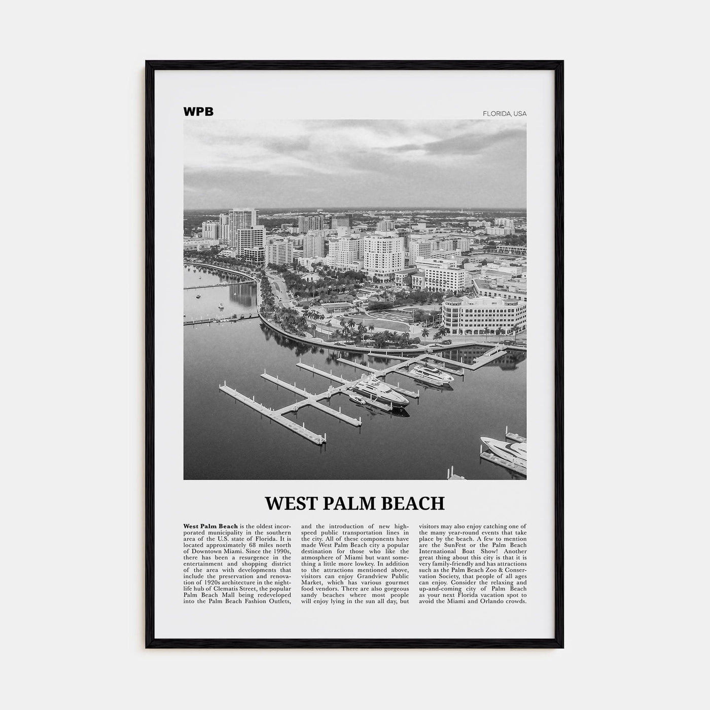 West Palm Beach No 1 Poster Black Wood / 8x12 in Nbourhood Travel B&W Poster