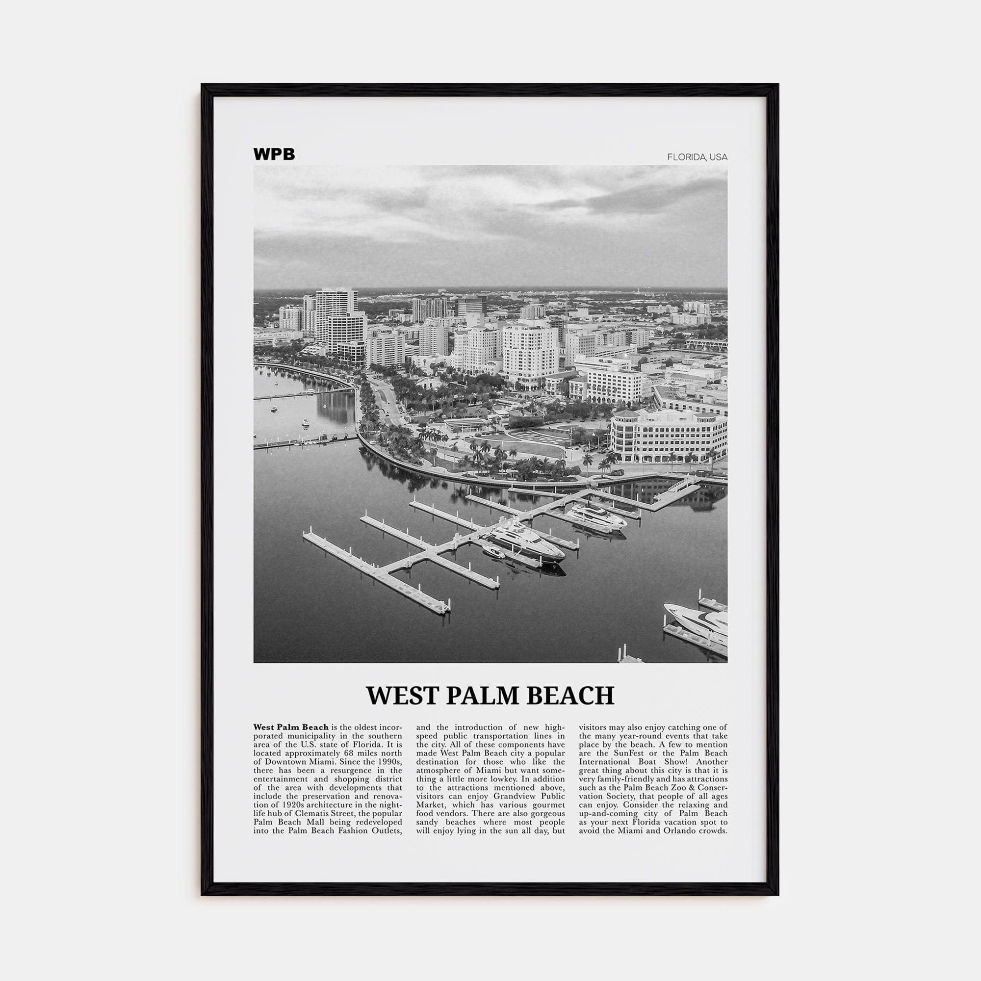 West Palm Beach No 1 Poster Black Wood / 8x12 in Nbourhood Travel B&W Poster