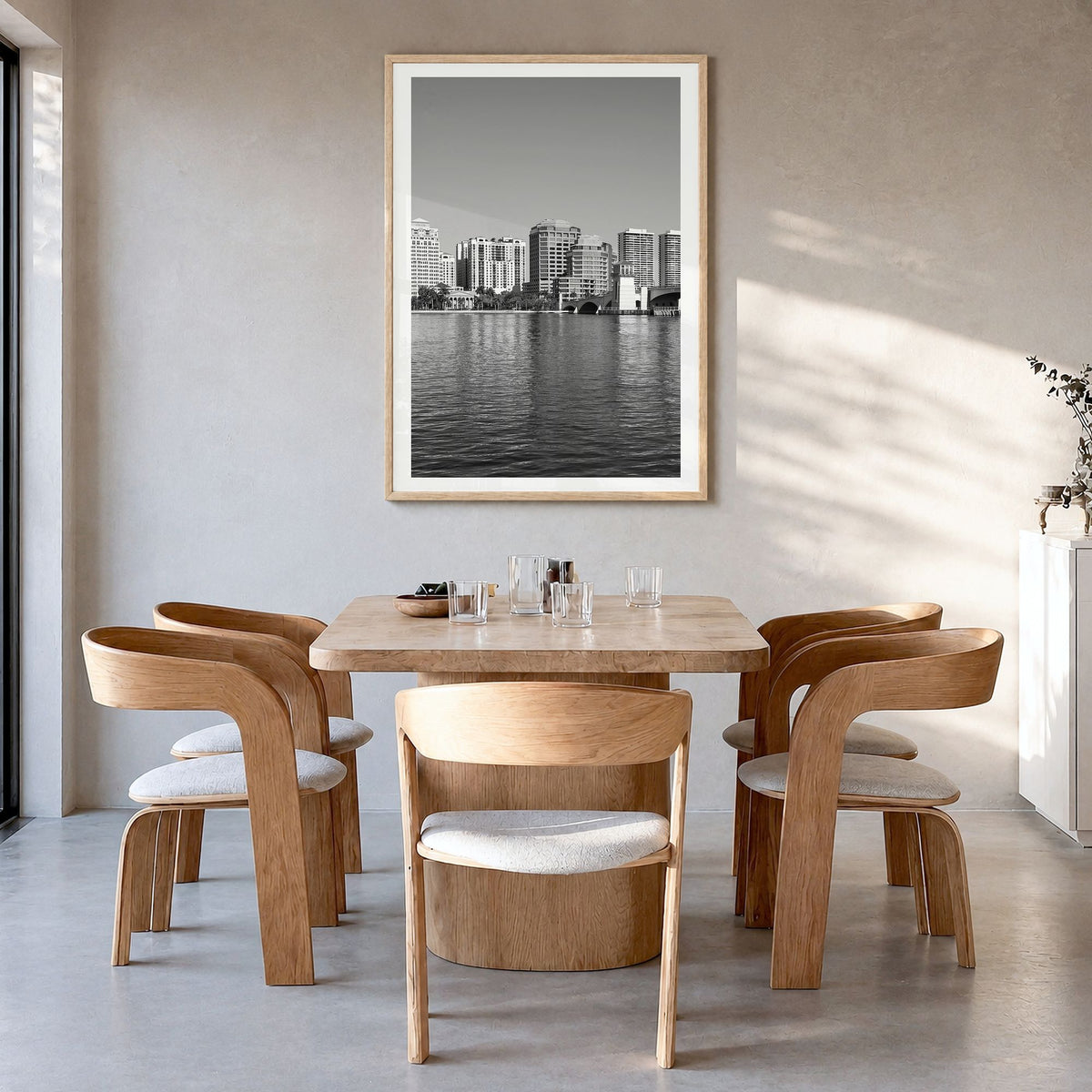 West Palm Beach Photo Poster in a natural wood frame, hanging in a dining room, white border