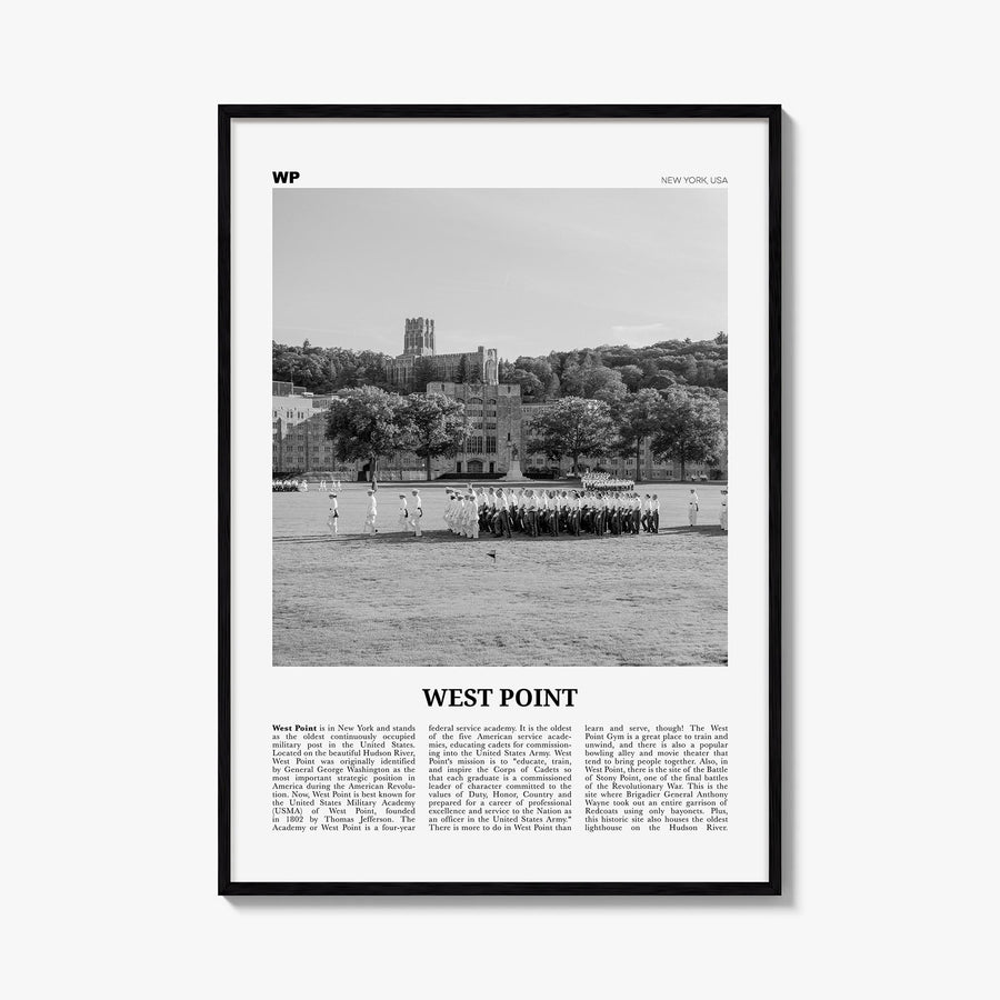 West Point black & white newspaper poster of New York, USA – vertical wall art, unframed print shown in interior mockup