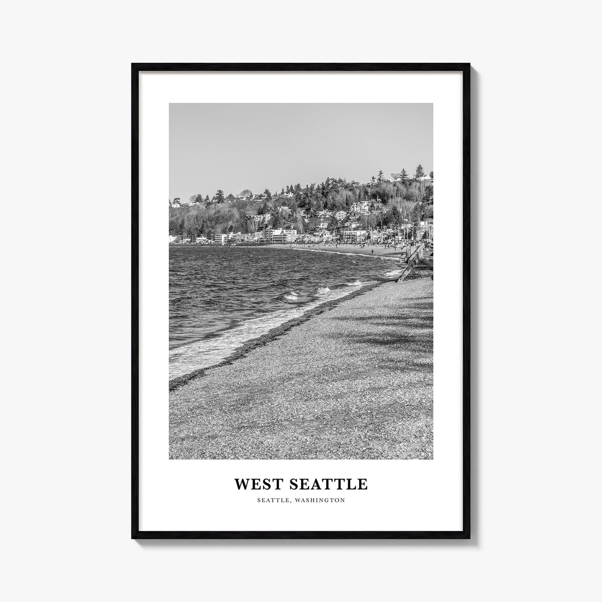 West Seattle black & white classic poster of Seattle, Washington – vertical wall art, unframed print shown in interior mockup