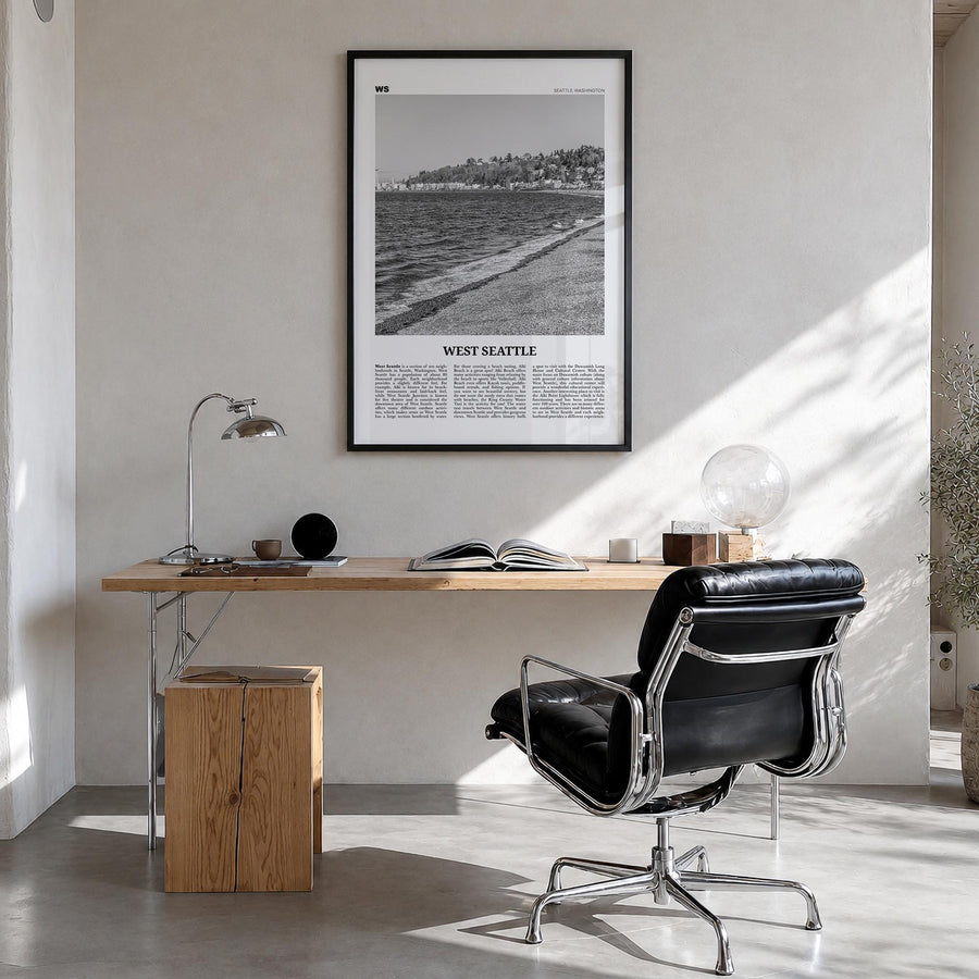 West Seattle black & white newspaper poster of Seattle, Washington – vertical wall art in black wood frame, hanging on wall
