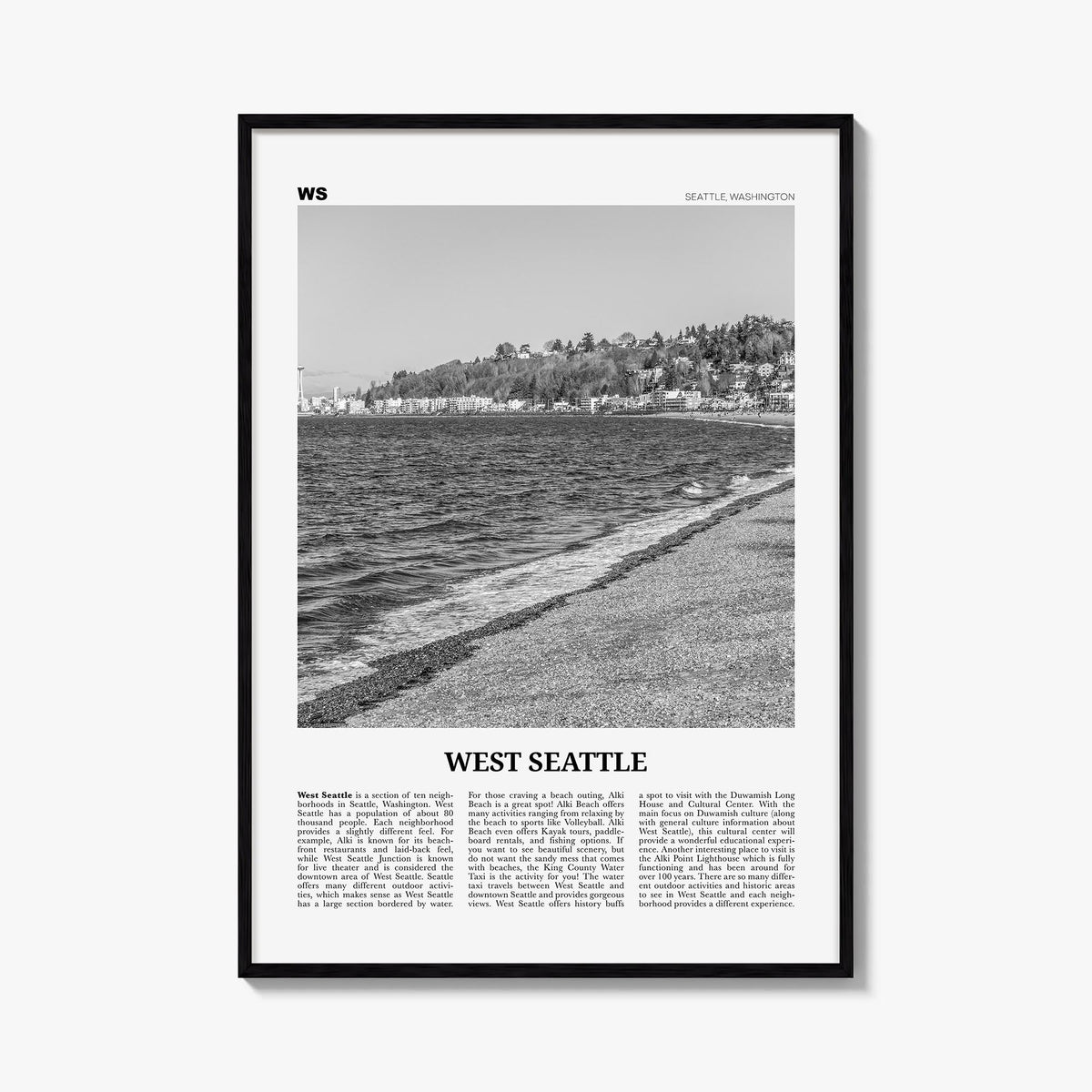 West Seattle black & white newspaper poster of Seattle, Washington – vertical wall art, unframed print shown in interior mock