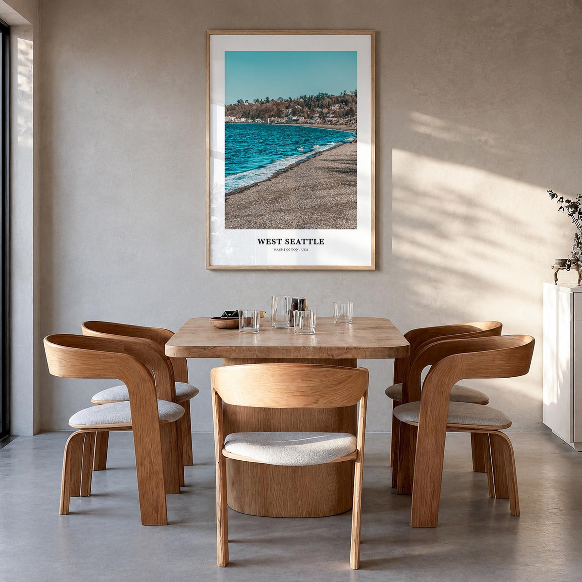 West Seattle colorful classic poster of Seattle, Washington – vertical wall art in natural wood frame, hanging on wall